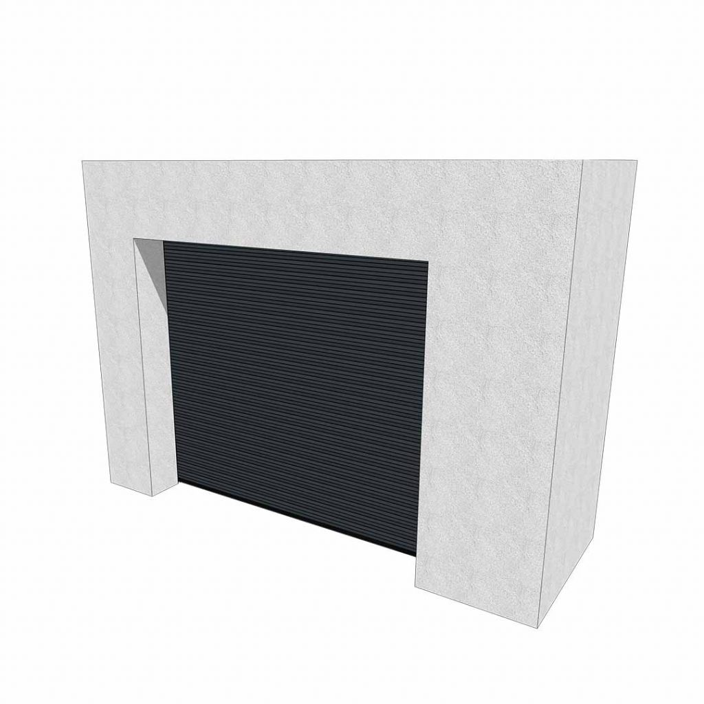 Vue 3D extérieure d'une porte de garage enroulable